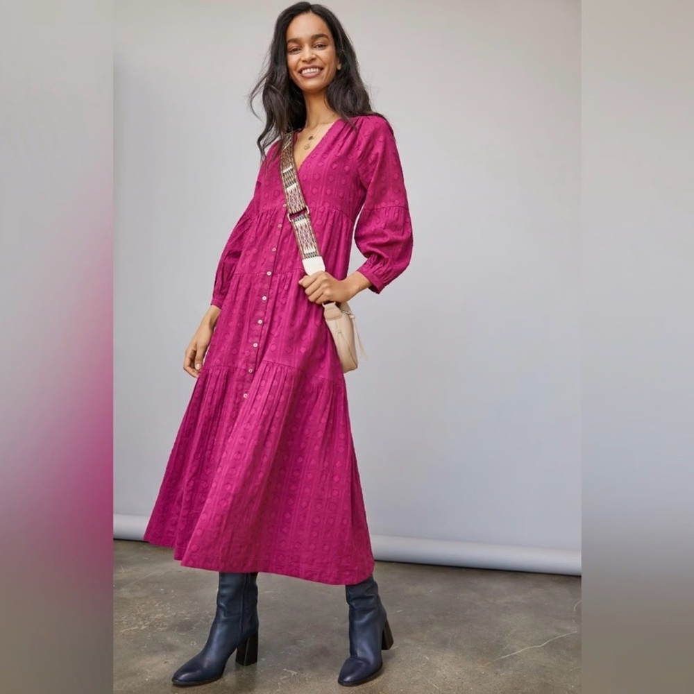 NWT Anthropologie Viola Tiered Button Front Maxi Dress in Plum Size Medium